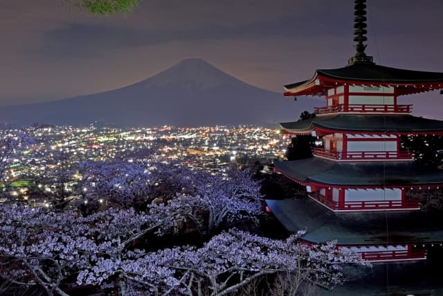 忠霊塔・富士山・桜の夜景写真